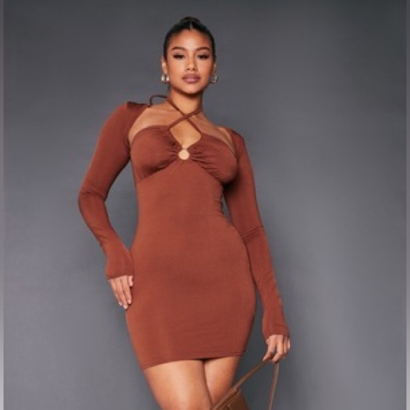 Chocolate Slinky Trim Detail Long Sleeve Mini Bodycon Dress - Picture 5 of 5
